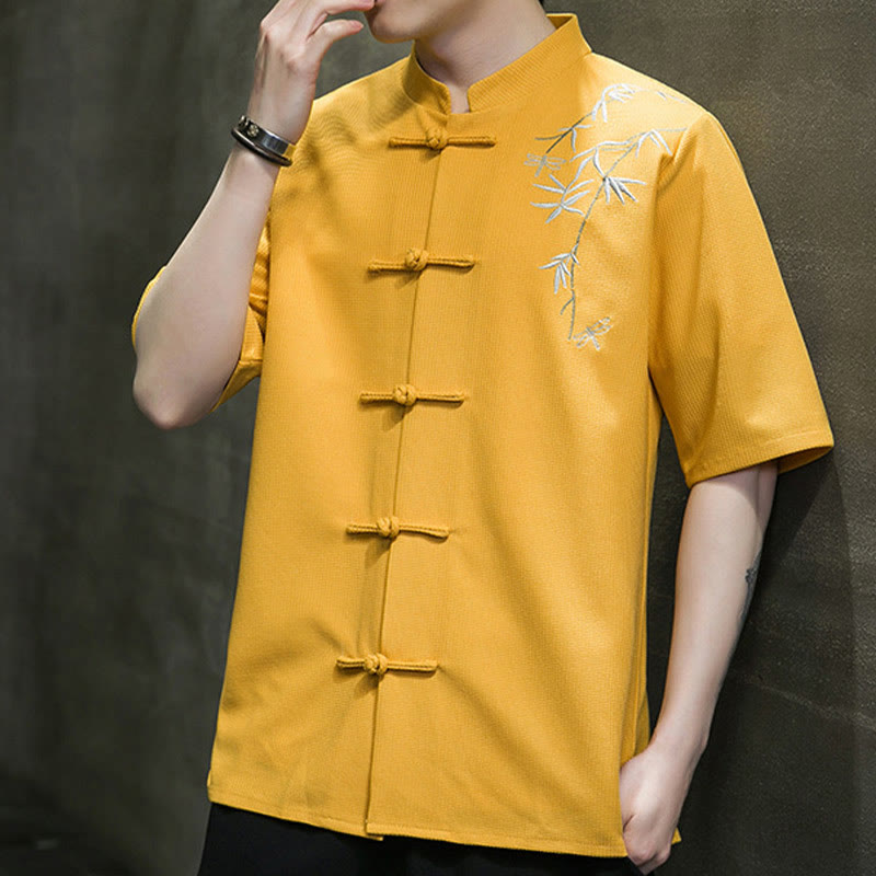 Buddha Stones Frog-Button Leaf Dragonfly Embroidery Men's Short Sleeve Shirt - image 9