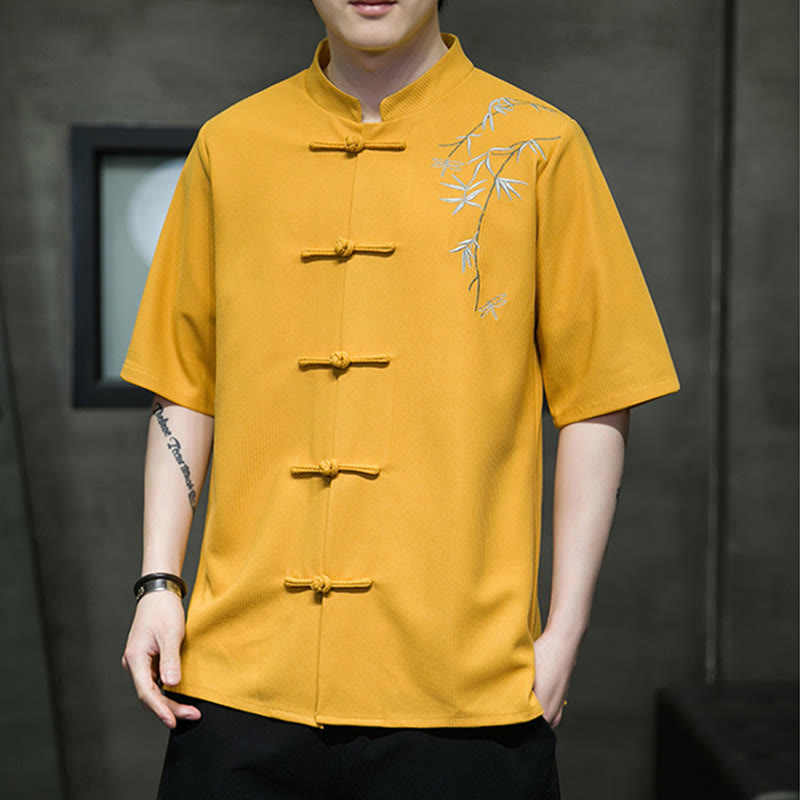 Buddha Stones Frog-Button Leaf Dragonfly Embroidery Men's Short Sleeve Shirt - image 7