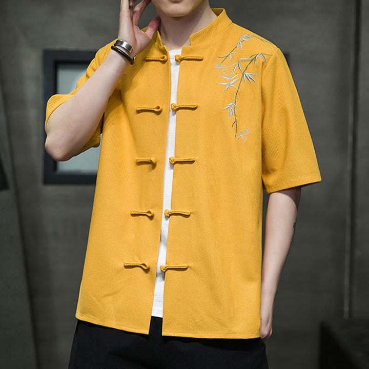 Buddha Stones Frog-Button Leaf Dragonfly Embroidery Men's Short Sleeve Shirt - image 12