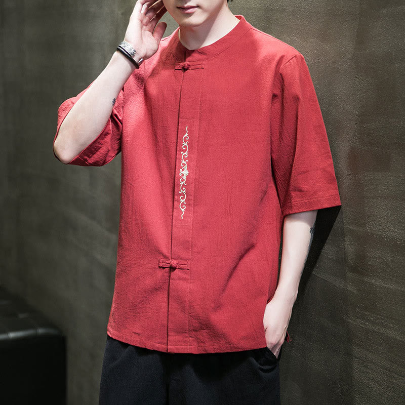 Buddha Stones Plain Color Frog-Button Embroidery Men's Half Sleeve Cotton Shirt - Tomato - US/UK/AU46，EU56 (5XL) - image 27