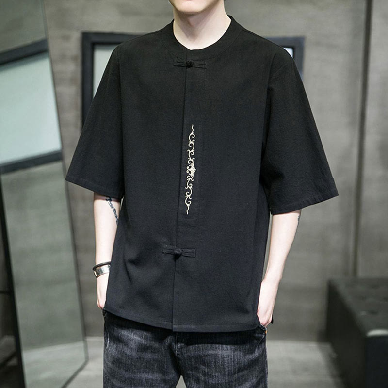 Buddha Stones Plain Color Frog-Button Embroidery Men's Half Sleeve Cotton Shirt - image 16