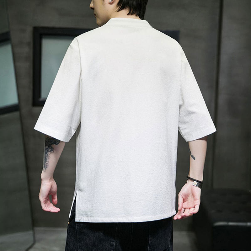 Buddha Stones Plain Color Frog-Button Embroidery Men's Half Sleeve Cotton Shirt - image 18