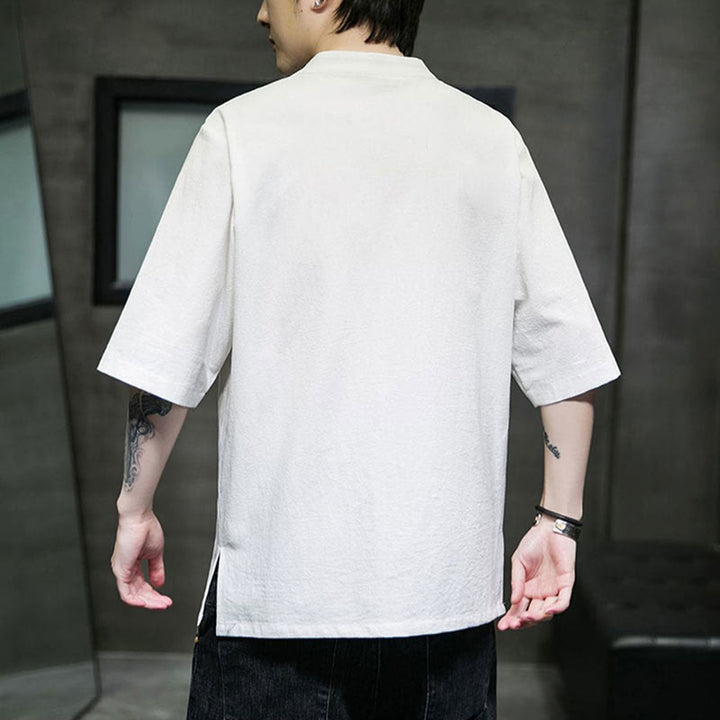 Buddha Stones Plain Color Frog-Button Embroidery Men's Half Sleeve Cotton Shirt - image 18