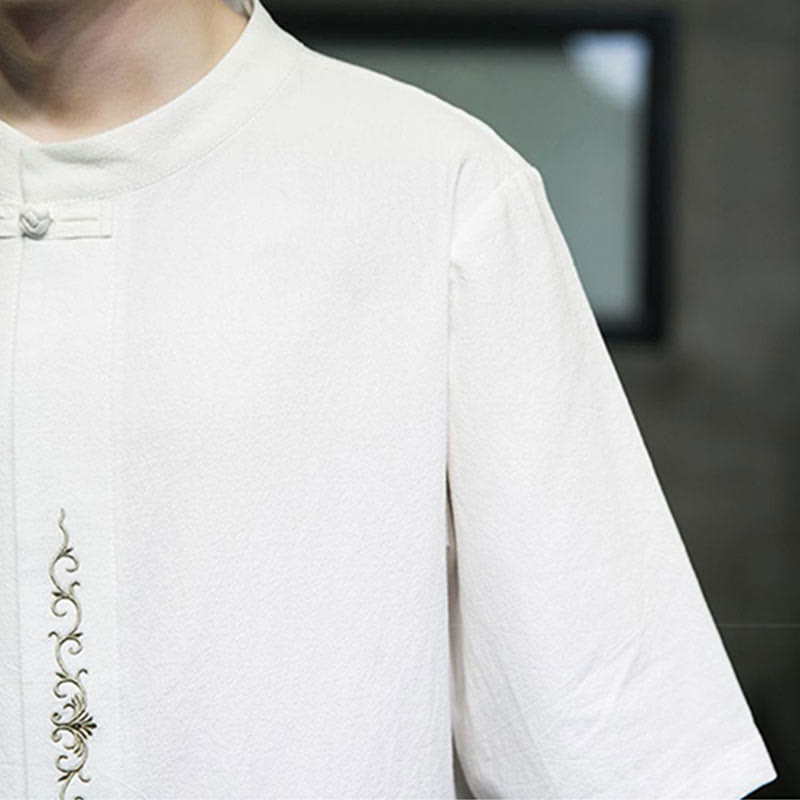 Buddha Stones Plain Color Frog-Button Embroidery Men's Half Sleeve Cotton Shirt - image 22