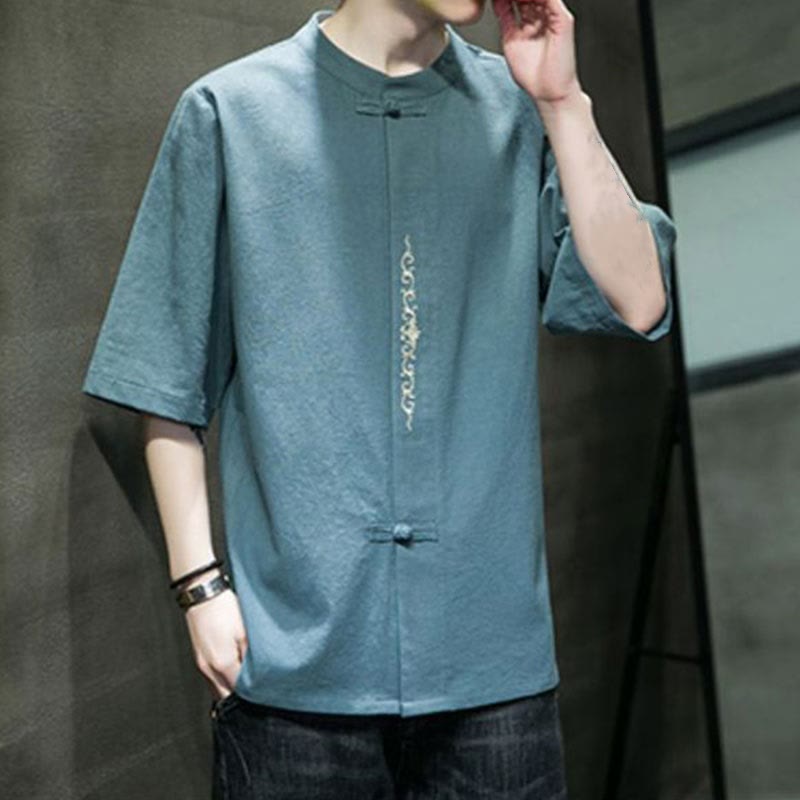 Buddha Stones Plain Color Frog-Button Embroidery Men's Half Sleeve Cotton Shirt - image 1