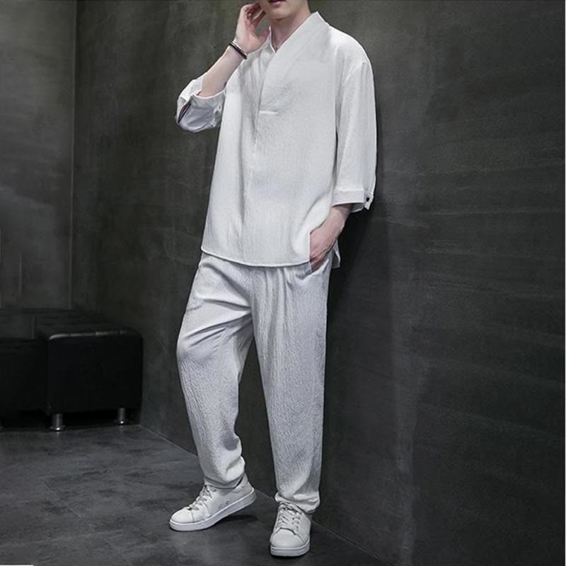 Buddha Stones Solid Color Three Quarter Sleeve Shirt Casual Pants Clothing Men's Set - image 3