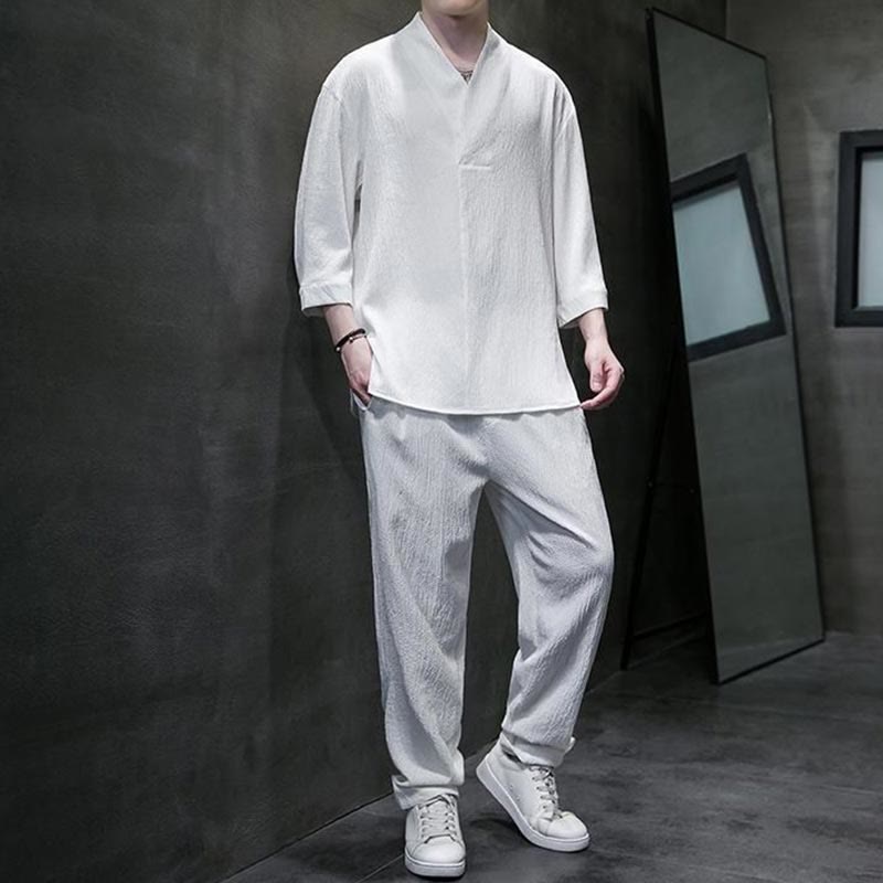 Buddha Stones Solid Color Three Quarter Sleeve Shirt Casual Pants Clothing Men's Set - image 5