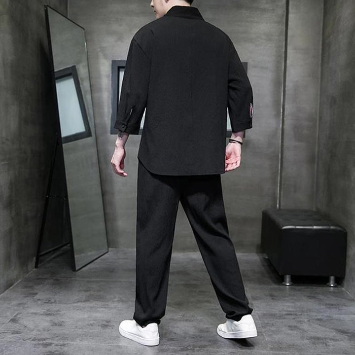 Buddha Stones Solid Color Three Quarter Sleeve Shirt Casual Pants Clothing Men's Set - image 9