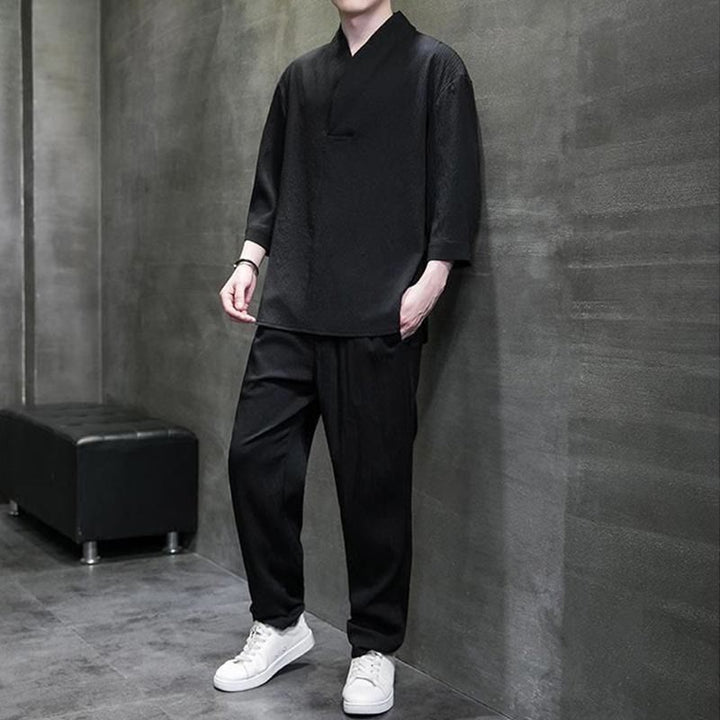 Buddha Stones Solid Color Three Quarter Sleeve Shirt Casual Pants Clothing Men's Set - image 10