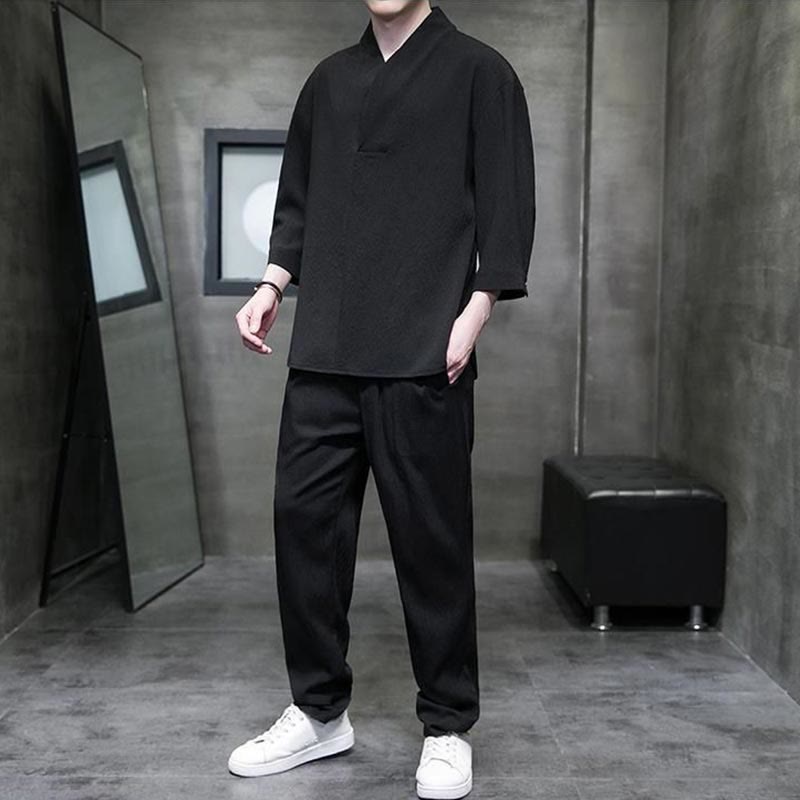 Buddha Stones Solid Color Three Quarter Sleeve Shirt Casual Pants Clothing Men's Set - image 8