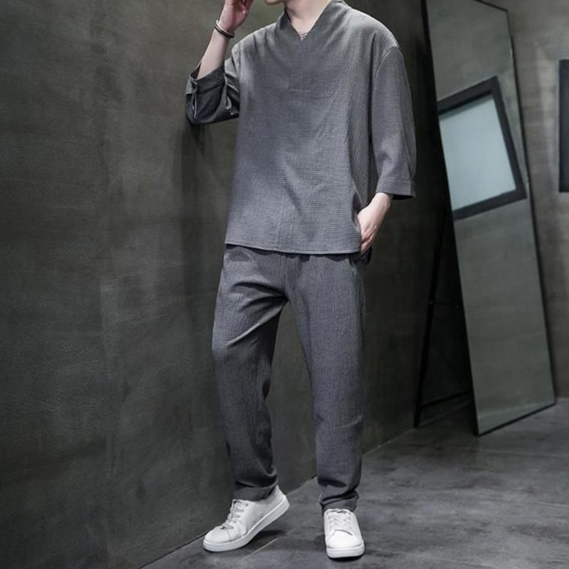 Buddha Stones Solid Color Three Quarter Sleeve Shirt Casual Pants Clothing Men's Set - image 21