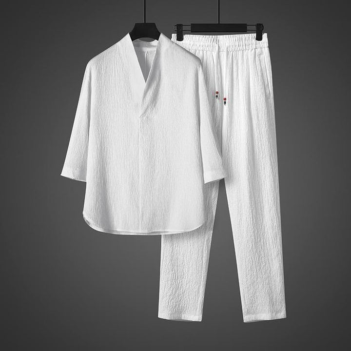 Buddha Stones Solid Color Three Quarter Sleeve Shirt Casual Pants Clothing Men's Set - image 4