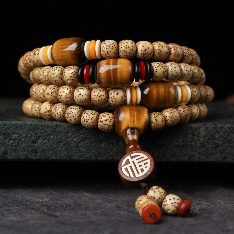 Buddha Stones 108 Mala Beads Bodhi Seed Tiger's Eye Fu Character Peace Bracelet - image 1