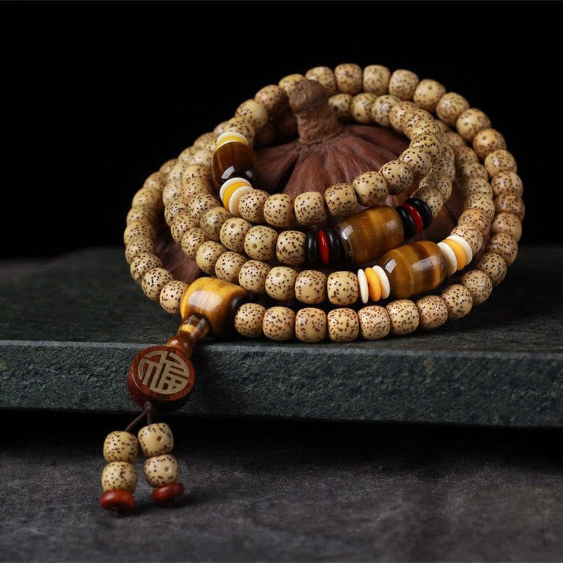 Buddha Stones 108 Mala Beads Bodhi Seed Tiger's Eye Fu Character Peace Bracelet - Bodhi Seed Tiger's Eye(9*10mm) - image 0