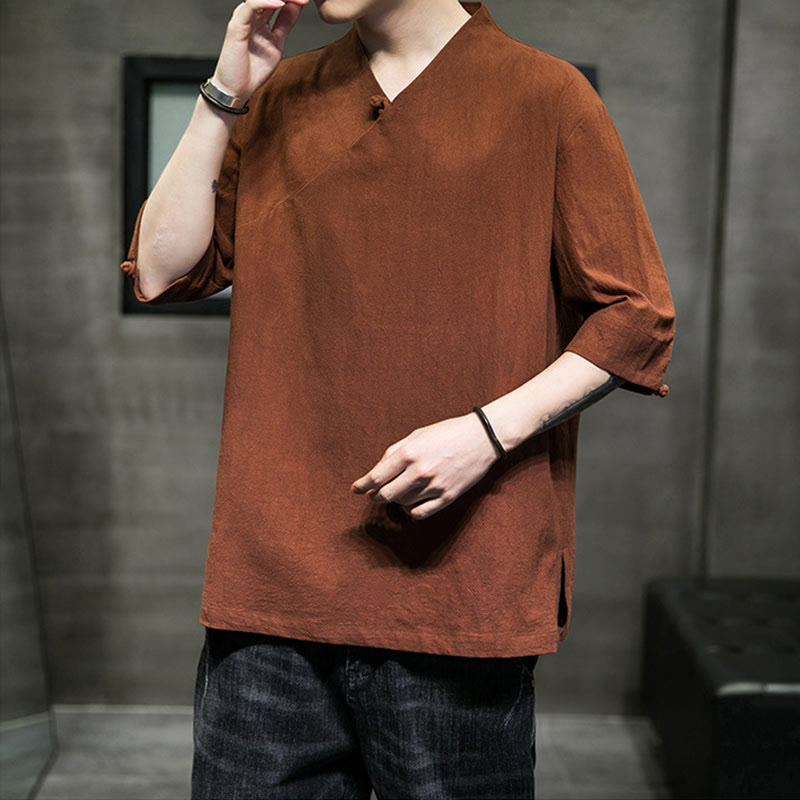 Buddha Stones V-Neck Plain Men's Half Sleeve Cotton Shirt - image 7