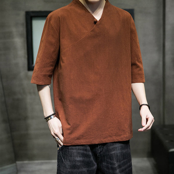 Buddha Stones V-Neck Plain Men's Half Sleeve Cotton Shirt - image 2