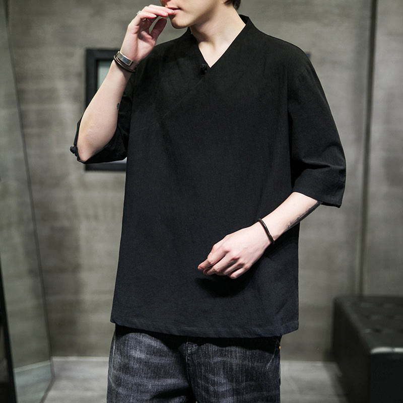 Buddha Stones V-Neck Plain Men's Half Sleeve Cotton Shirt - image 17