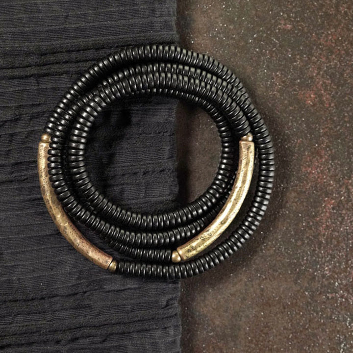 Buddha Stones Tibetan Ebony Wood Beads Copper Peace Multilayered Bracelet - 17-17.5cm - image 0