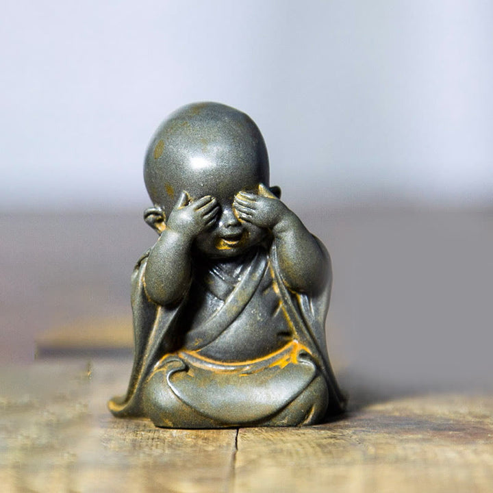 Buddha Stones Small Meditating Monk Iron Powder Rust Cast Resin Statue Desk Decoration - Monk Covering His Eyes 6.5*5cm - image 7