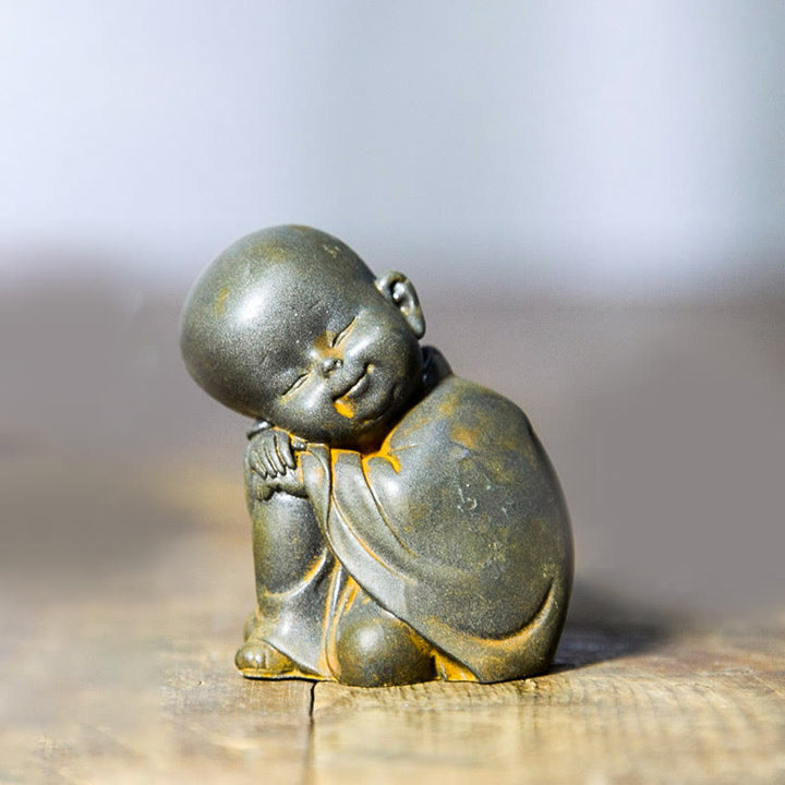 Buddha Stones Small Meditating Monk Iron Powder Rust Cast Resin Statue Desk Decoration - Monk Resting 5.5*4.7cm - image 8
