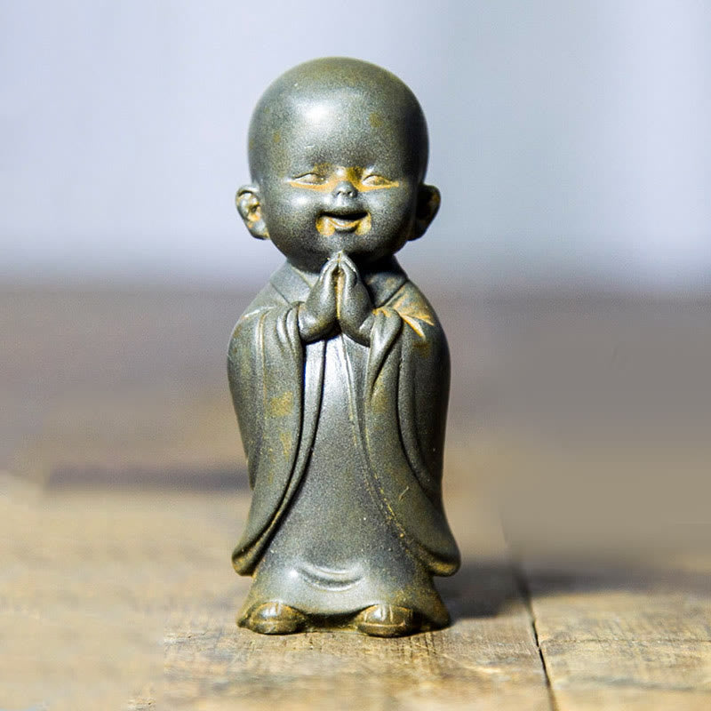 Buddha Stones Small Meditating Monk Iron Powder Rust Cast Resin Statue Desk Decoration - Smiling Monk 8*3.5cm - image 14