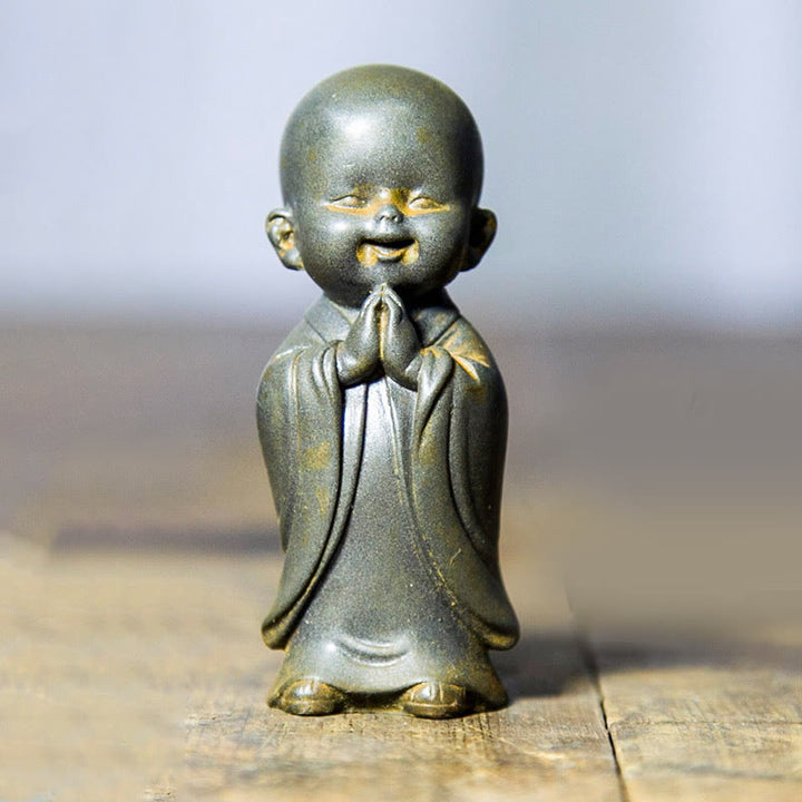 Buddha Stones Small Meditating Monk Iron Powder Rust Cast Resin Statue Desk Decoration - Smiling Monk 8*3.5cm - image 14