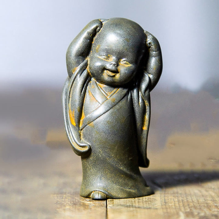 Buddha Stones Small Meditating Monk Iron Powder Rust Cast Resin Statue Desk Decoration - Monk Scratching His Head 8*4.3cm - image 17