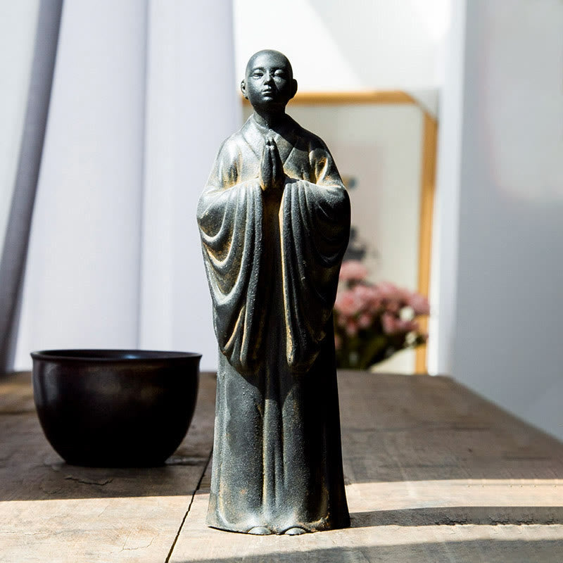 Buddha Stones Meditating Praying Monk Iron Powder Rust Cast Resin Statue Home Decoration - Monk With Clasped Hands  19*5.9cm - image 0