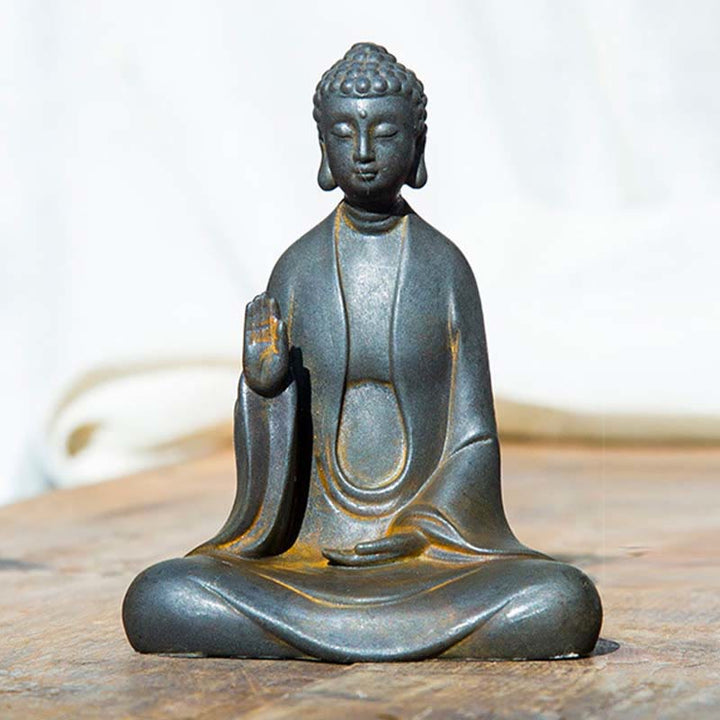 Buddha Stones Handmade Meditation Sakyamuni Buddha Iron Powder Rust Cast Resin Statue Decoration - Monk with Hands Raised - Rust Version 12*9cm - image 1
