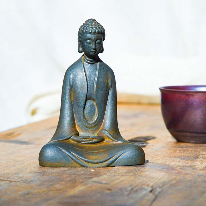 Buddha Stones Handmade Meditation Sakyamuni Buddha Iron Powder Rust Cast Resin Statue Decoration - image 3