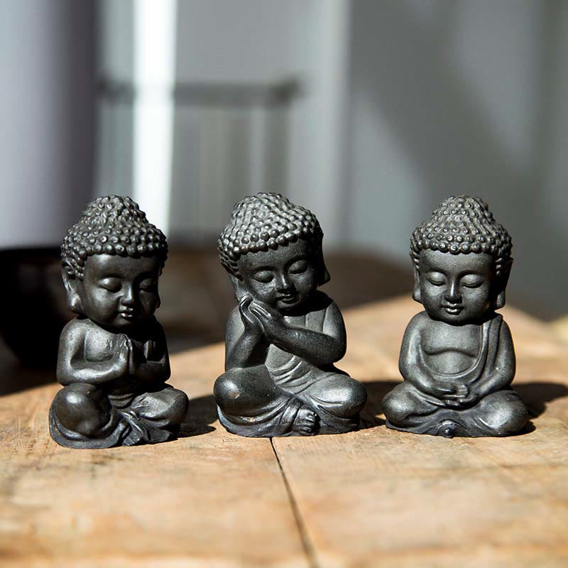 Buddha Stones Handmade Small Sakyamuni Buddha Iron Powder Rust Cast Resin Statue Decoration - Regular Version - 3Pcs Buddha - image 17