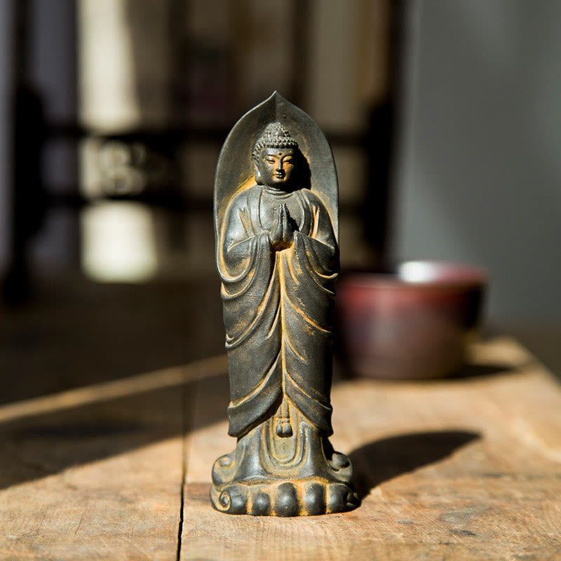 Buddha Stones Handmade Sakyamuni Buddha Namaste Iron Powder Rust Cast Resin Statue Decoration - Rust Buddha 14.5*5*3.4cm - image 0