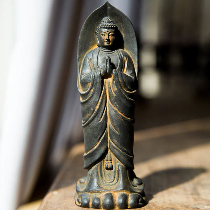 Buddha Stones Handmade Sakyamuni Buddha Namaste Iron Powder Rust Cast Resin Statue Decoration - image 8