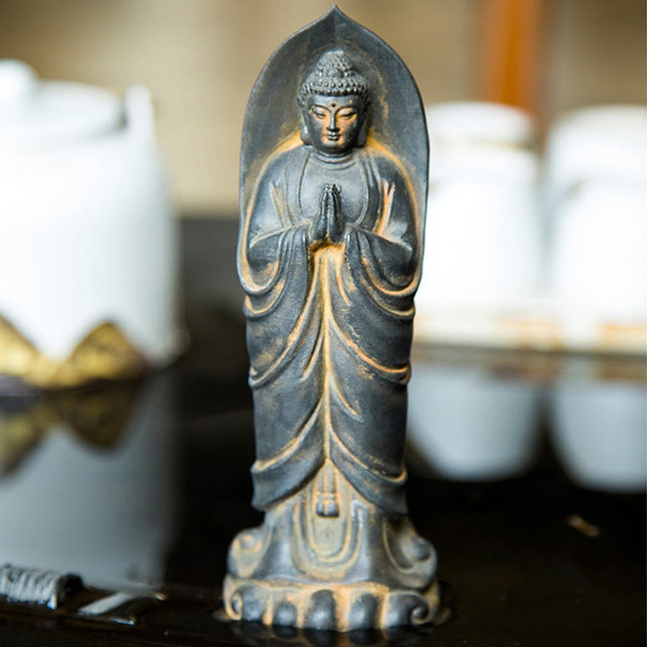 Buddha Stones Handmade Sakyamuni Buddha Namaste Iron Powder Rust Cast Resin Statue Decoration - image 9