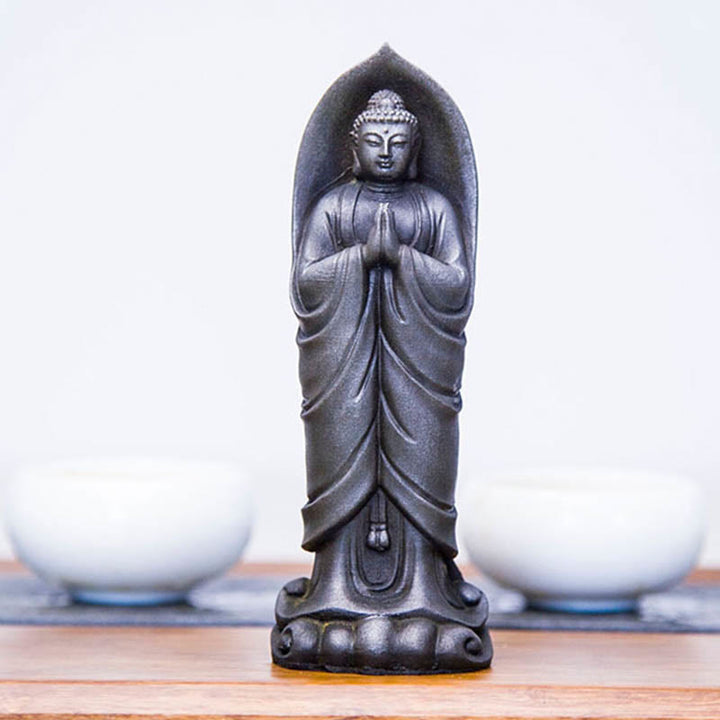 Buddha Stones Handmade Sakyamuni Buddha Namaste Iron Powder Rust Cast Resin Statue Decoration - image 23