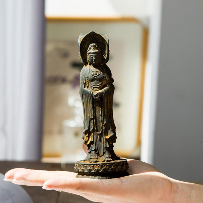 Buddha Stones Three-sided Kwan Yin Avalokitesvara Iron Powder Rust Cast Resin Statue Wealth Desk Decoration - image 3