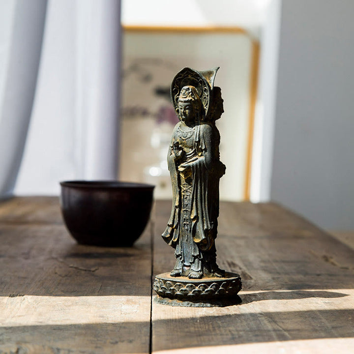Buddha Stones Three-sided Kwan Yin Avalokitesvara Iron Powder Rust Cast Resin Statue Wealth Desk Decoration - Rust Version 16.5*6cm - image 0