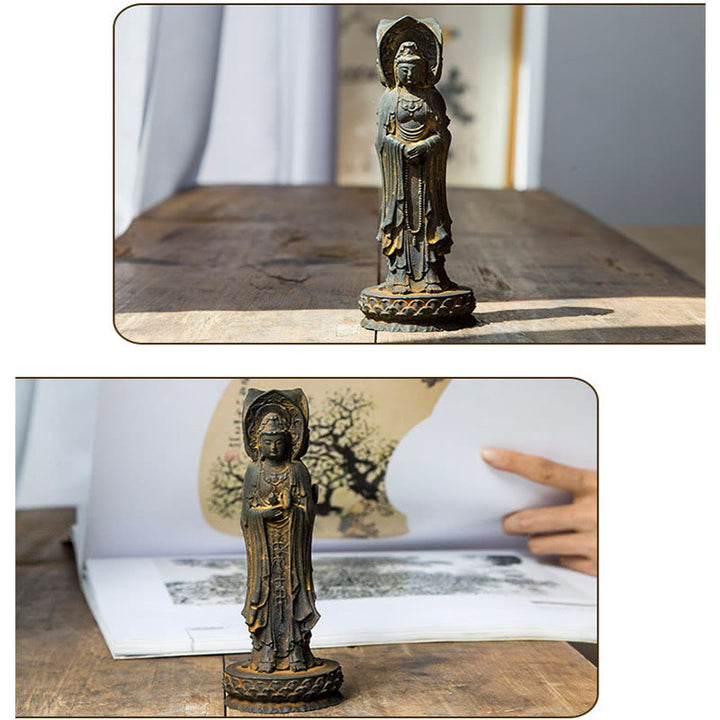 Buddha Stones Three-sided Kwan Yin Avalokitesvara Iron Powder Rust Cast Resin Statue Wealth Desk Decoration - image 11