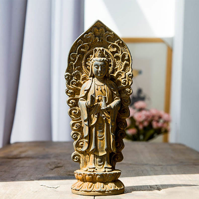 Buddha Stones Handmade Amitabha Guanyin Avalokitesvara Mahasthamaprapta Iron Powder Rust Cast Resin Statue Decoration - Buddha Vase - Rust Version 18*7cm - image 14