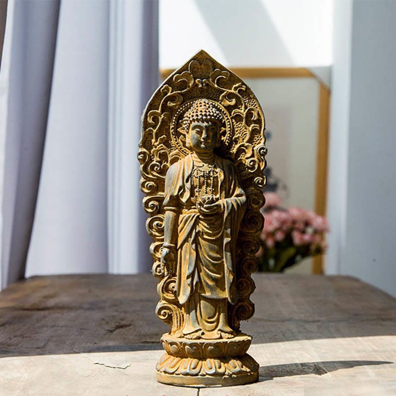 Buddha Stones Handmade Amitabha Guanyin Avalokitesvara Mahasthamaprapta Iron Powder Rust Cast Resin Statue Decoration - Buddha Lotus - Rust Version 18*7cm - image 8