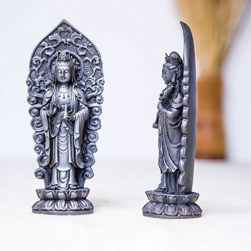 Buddha Stones Handmade Amitabha Guanyin Avalokitesvara Mahasthamaprapta Iron Powder Rust Cast Resin Statue Decoration - image 36