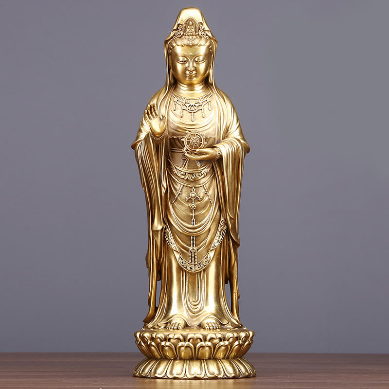 Buddha Stones Kwan Yin Avalokitesvara Holding The Dharma Wheel Wealth Brass Copper Statue Decoration - Avalokitesvara 17.5*14*38.5cm - image 8