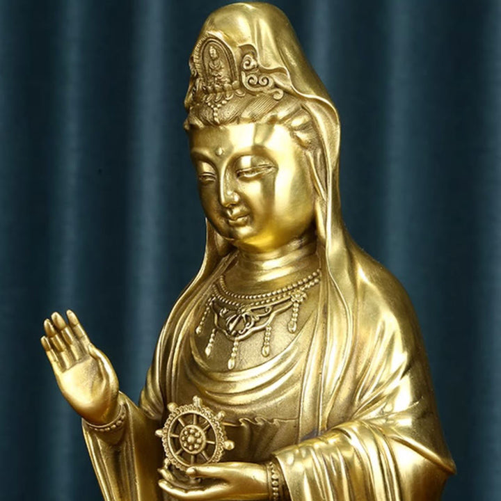 Buddha Stones Kwan Yin Avalokitesvara Holding The Dharma Wheel Wealth Brass Copper Statue Decoration - image 13