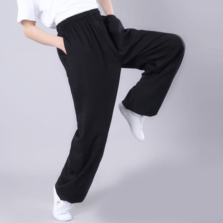 Buddha Stones Summer Unisex Elastic Waist Tai Chi Qigong Practice Breathable Cotton Linen Pants With Pockets - image 10