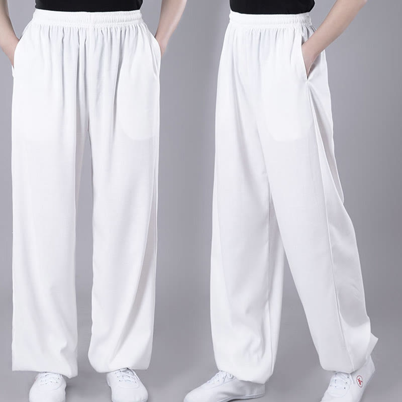 Buddha Stones Summer Unisex Elastic Waist Tai Chi Qigong Practice Breathable Cotton Linen Pants With Pockets - image 2
