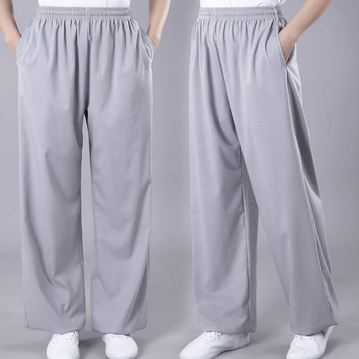 Buddha Stones Summer Unisex Elastic Waist Tai Chi Qigong Practice Breathable Cotton Linen Pants With Pockets - image 8
