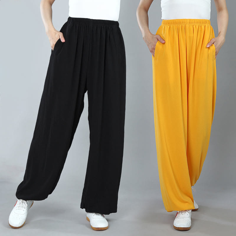 Buddha Stones Summer Unisex Elastic Waist Tai Chi Kung Fu Qigong Practice Cotton Breathable Pants With Pockets - image 0