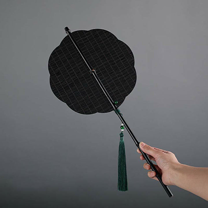 Buddha Stones Chinese Style Handmade Bamboo Long Handle Portable Curlable Fan - Black - Plum Blossom Style 23*50cm - image 10