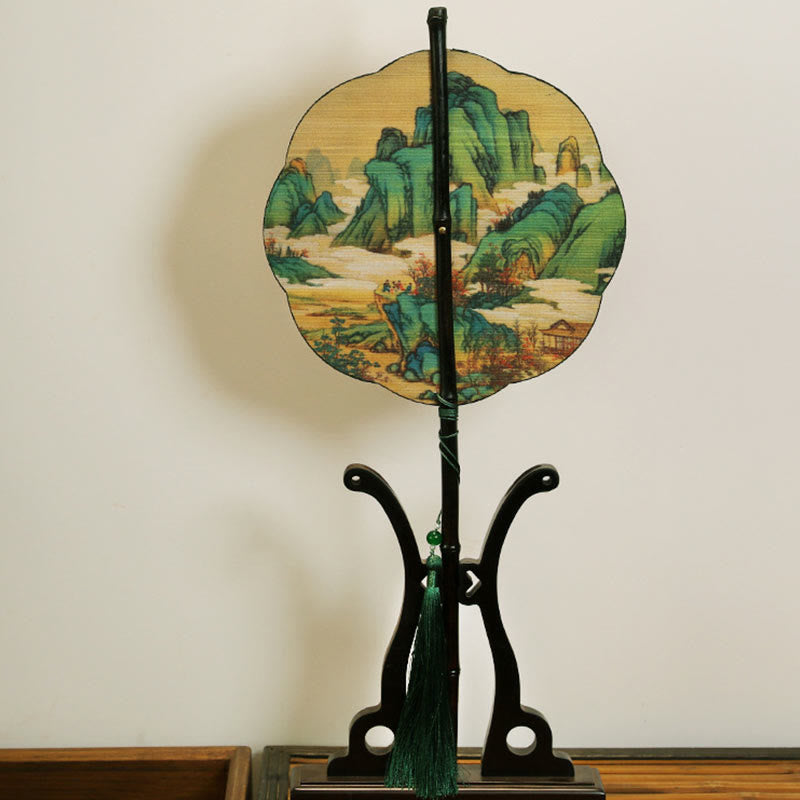 Buddha Stones Handmade Bamboo Thousand Miles of Rivers and Mountains Long Handle Portable Curlable Fan - image 2
