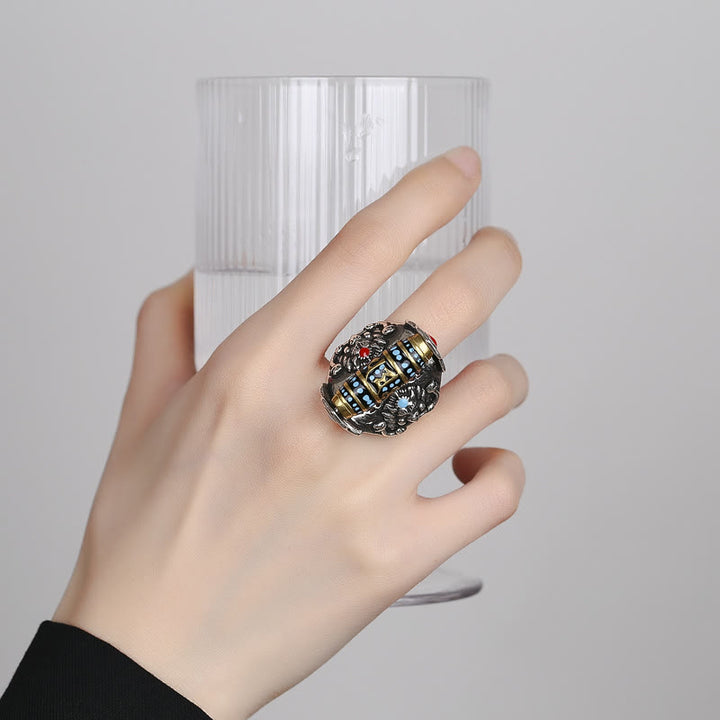 Buddha Stones Tibetan Om Mani Padme Hum Garuda Dzi Bead Pattern Peace Rotatable Ring - image 4